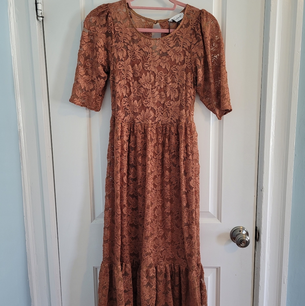 Orange gathered puff sleeve dress